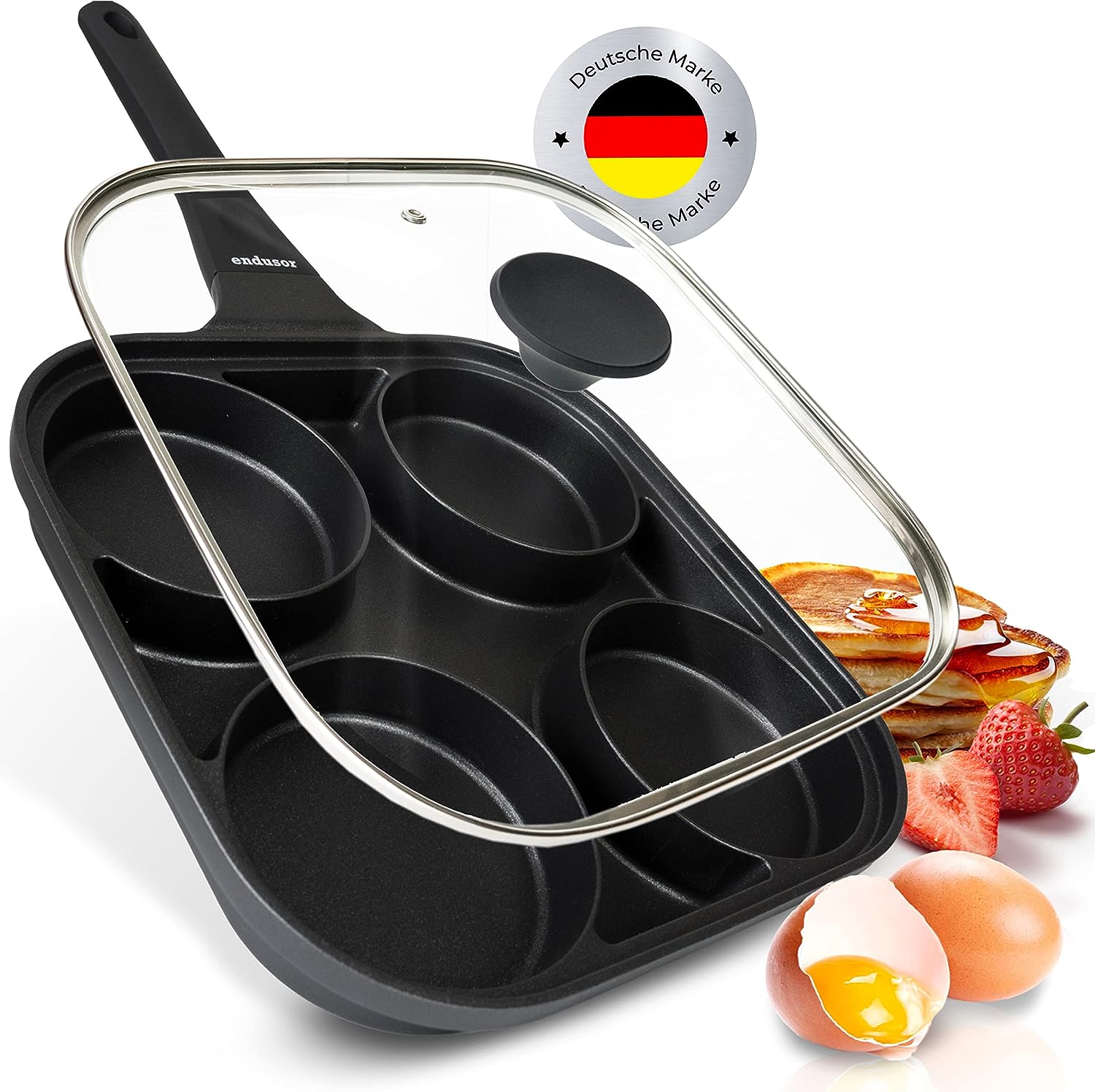 endusor Spiegeleipfanne induktionsgeeignet mit Deckel (27cm) - Eierpfanne & Pancake Pfanne mit Antihaft-Beschichtung für [ Induktion Gas Ceran Elektro] Egg Pan Augenpfanne für Spiegelei Ei Pancakes