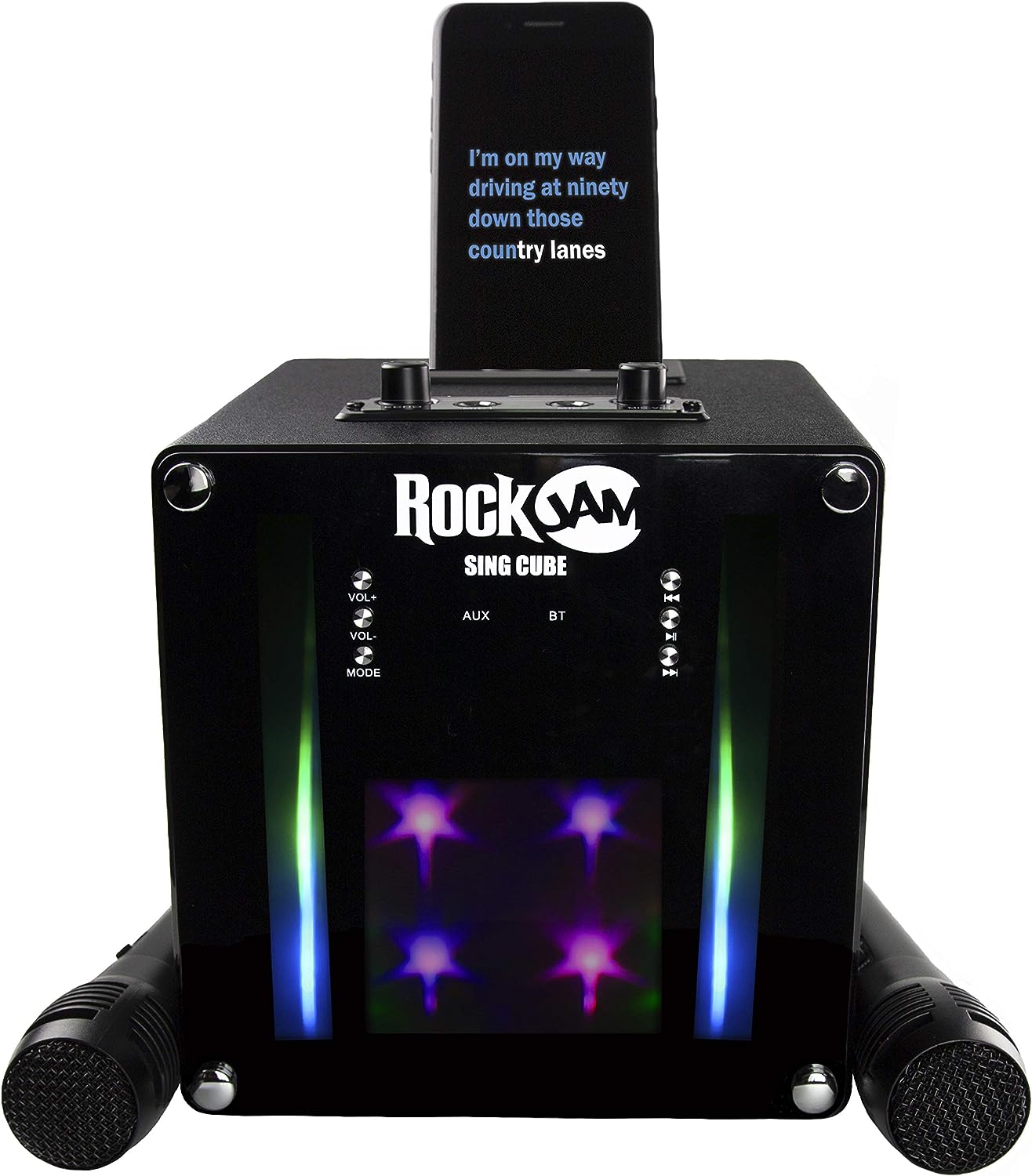 RockJam Singcube 5-Watt Rechargeable Bluetooth Karaoke Machine with Two Microphones, Voice Changing Effects & LED Lights