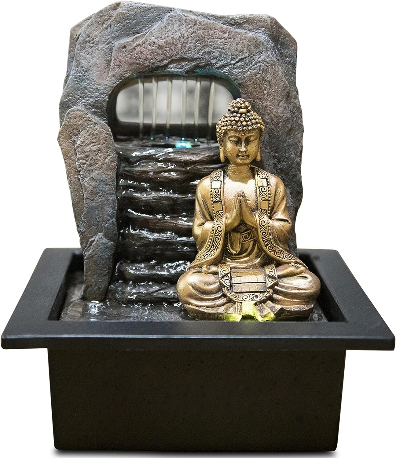 Zen Dao Fountain - Innenbrunnen Buddha Statue Abnehmbares LED -Licht - geschlossen - brauner und Goldener Schaltkreis Füllfederhalte - H 26cm - Zen'light