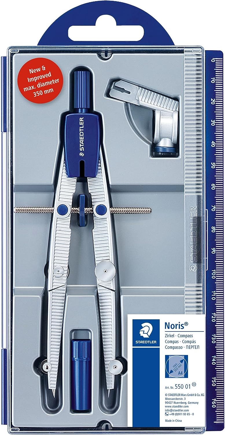 STAEDTLER Noris Club 550 01 Zirkel, Schulzirkel mit Schnellverstellung, Set mit Universaladapter und Ersatzminen, exakt und präzise, stabiles Etui mit Klappdeckel, silber/blau