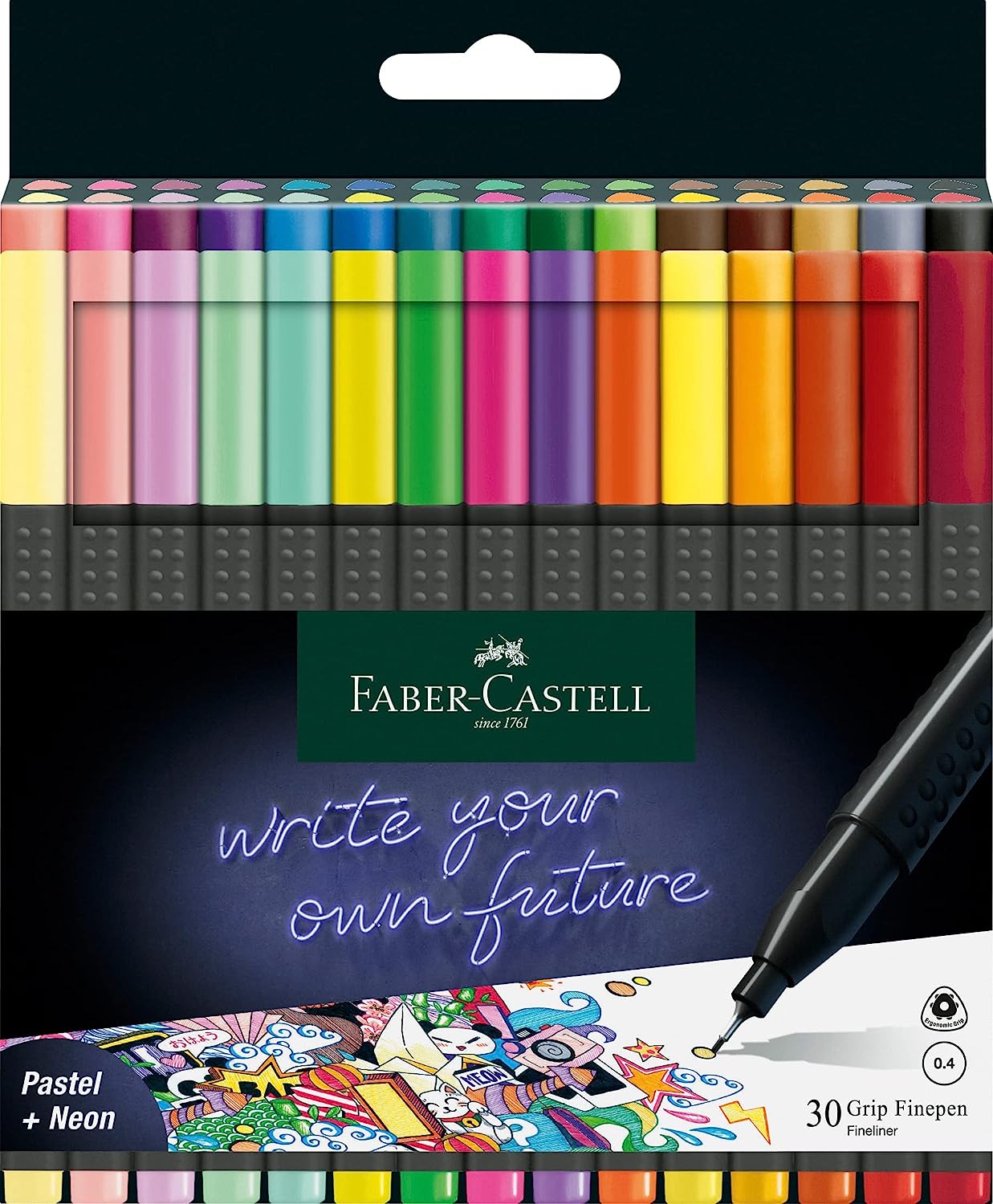 Faber-Castell 151630 - Grip Finepen, Fineliner, mit metallgefasster Faserspitze 0.4 mm, 30er Etui