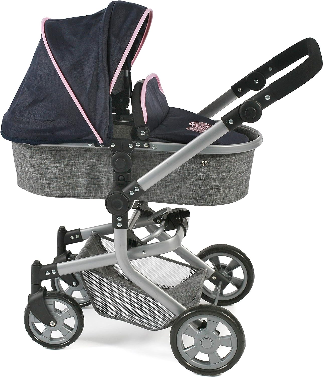 Bayer Chic 2000 - Puppenwagen Mika, 2in1 Kombipuppenwagen für Kinder von 4 bis 8 Jahren, Melange grau-Navy