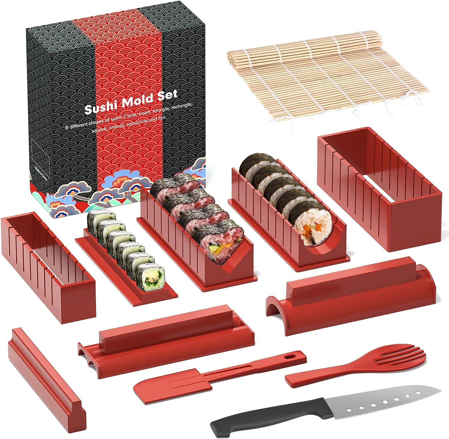 HI NINGER Sushi Making Kit Deluxe Edition Complete Sushi Maker Kit 12PCS Home Sushi Form Presse mit Sushi Reis Roll Form Formen, Gabel, Sushi-Messer, Sushi Rolling Matte, Stäbchen