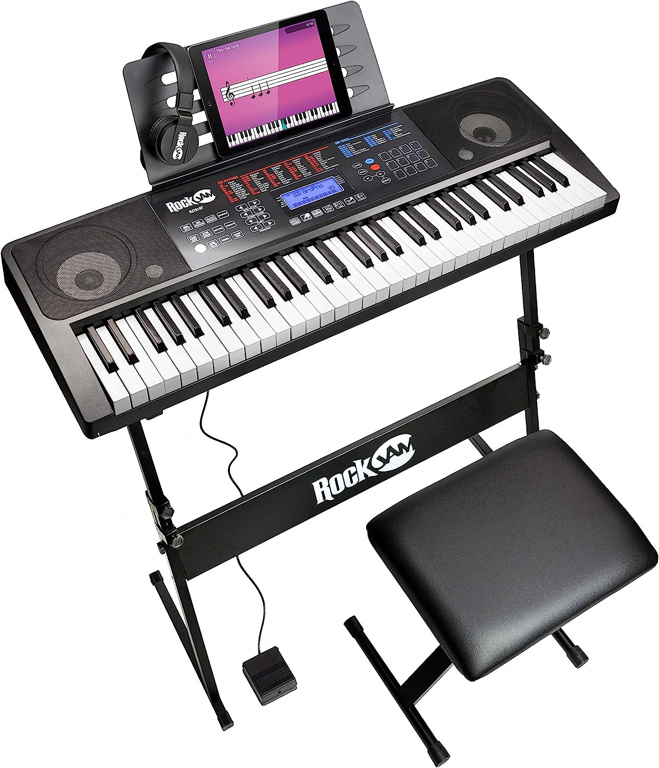 RockJam 61 Key Touch Display Keyboard Piano Kit with Digital Piano Bench, Electric Piano Stand, Headphones Piano Note Stickers, Sustain Pedal & Simply Piano Lessons