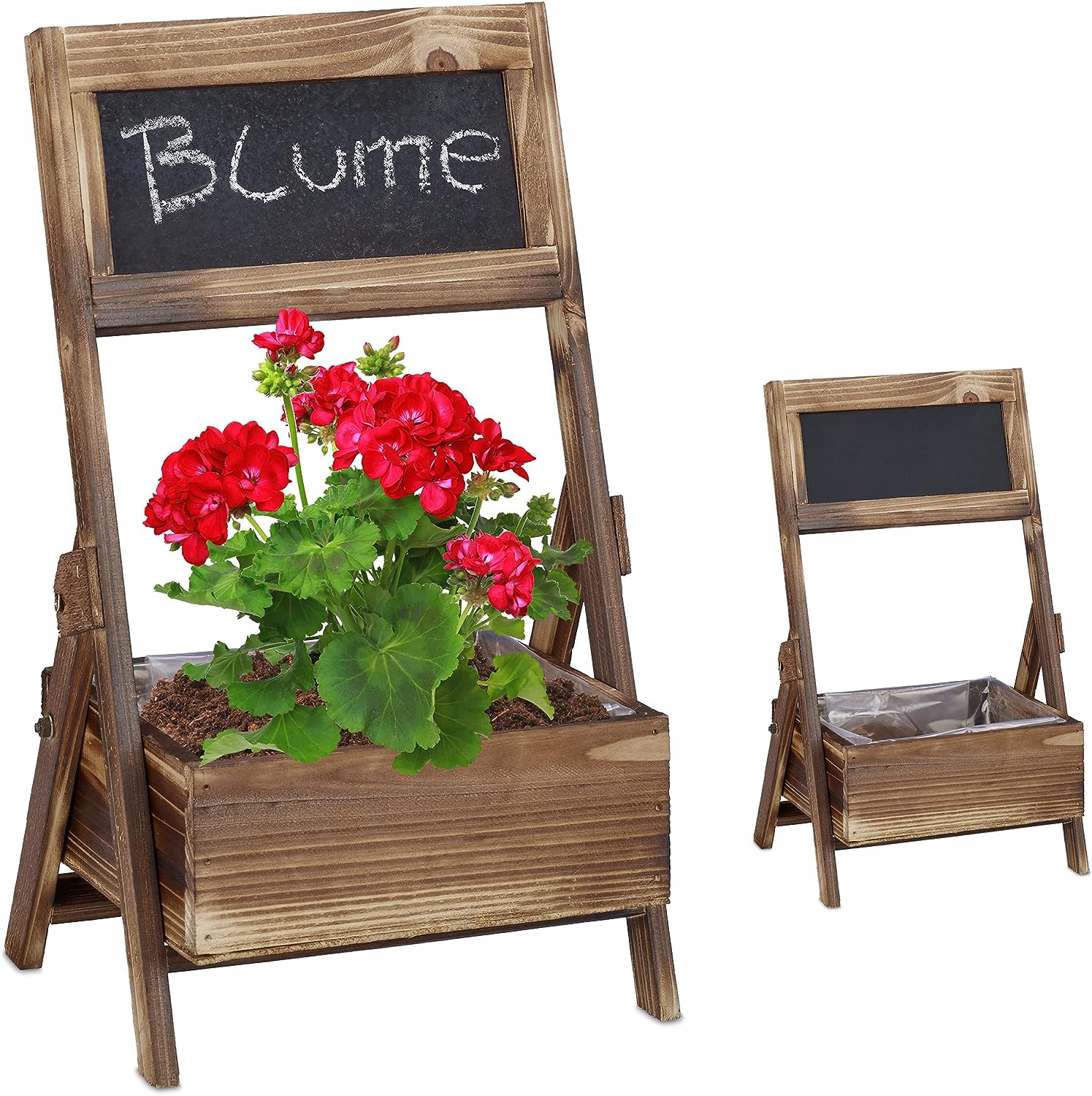 Relaxdays Holz Übertopf 2er Set, Blumentopf mit Folie, HBT: 35,5 x 21 x 17 cm, außen & innen, Holzdeko mit Tafel, braun