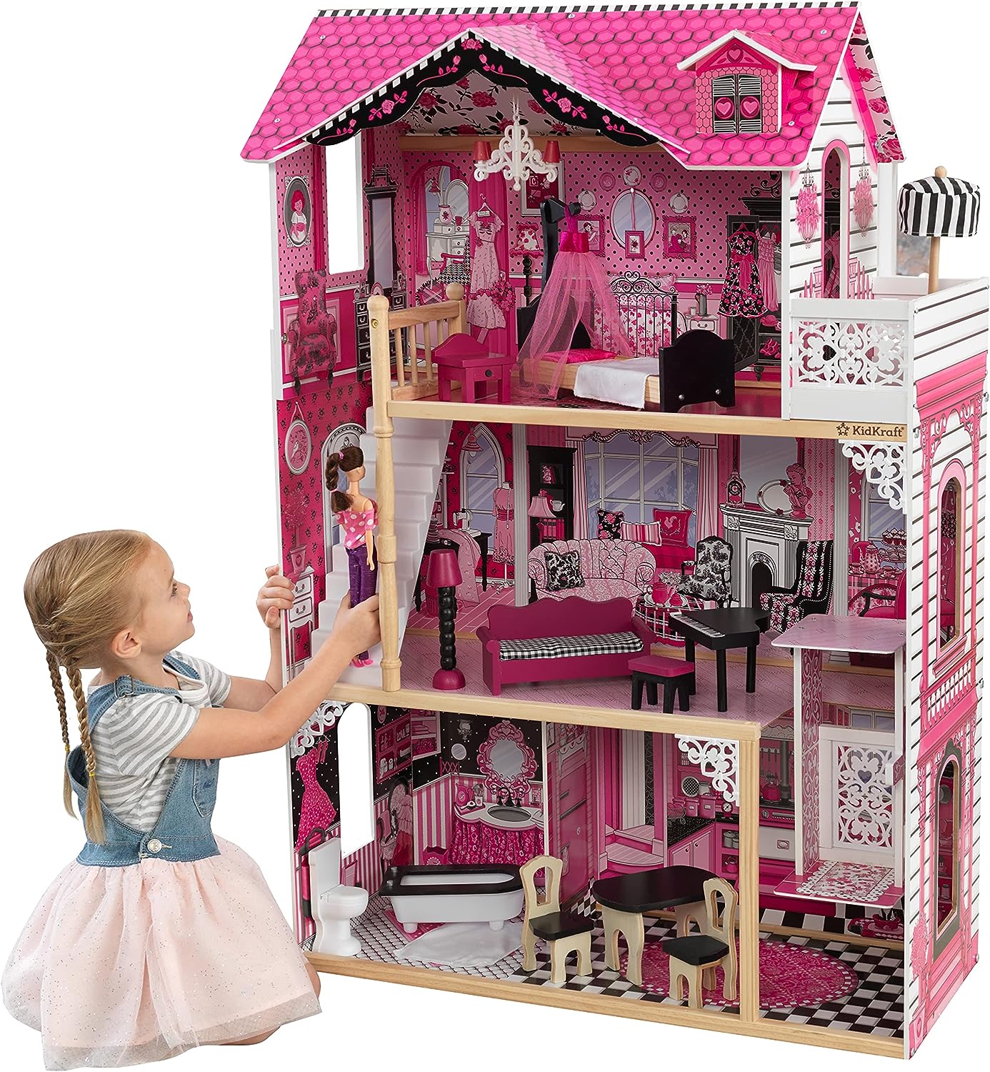 KidKraft Amelia Puppenhaus aus Holz mit Möbeln und Zubehör, Spielset mit Balkon und Aufzug für 30 cm Puppen, Spielzeug für Kinder ab 3 Jahre, 65093