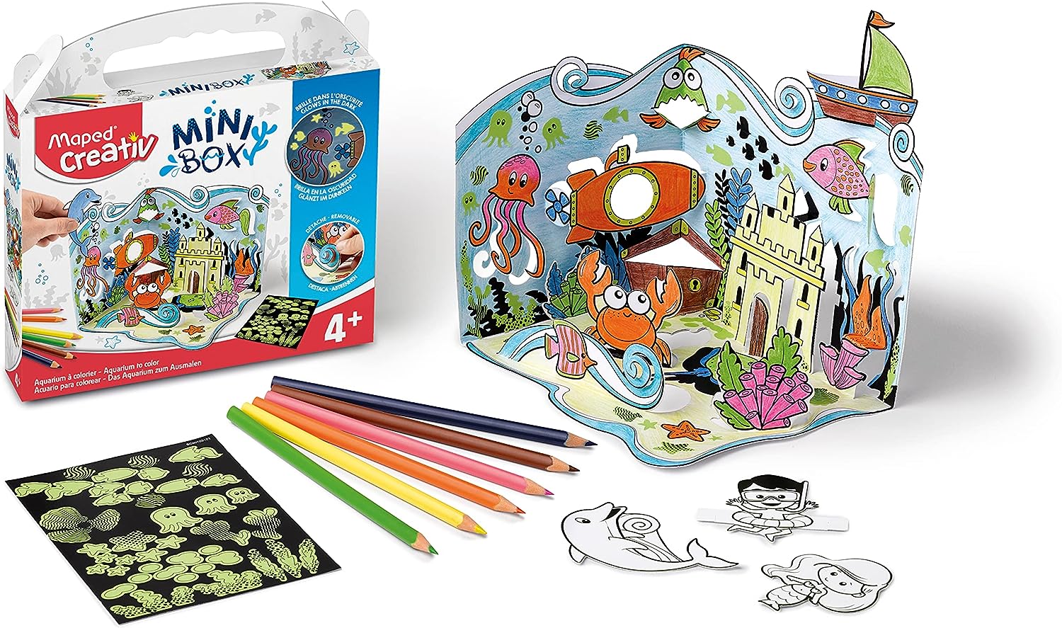 Maped CREATIV - Bastel-Set, Kreativ-Set Aufsteller AQUARIUM MINI-BOX - inkl. 25x Leucht-Sticker, 6x Buntstifte