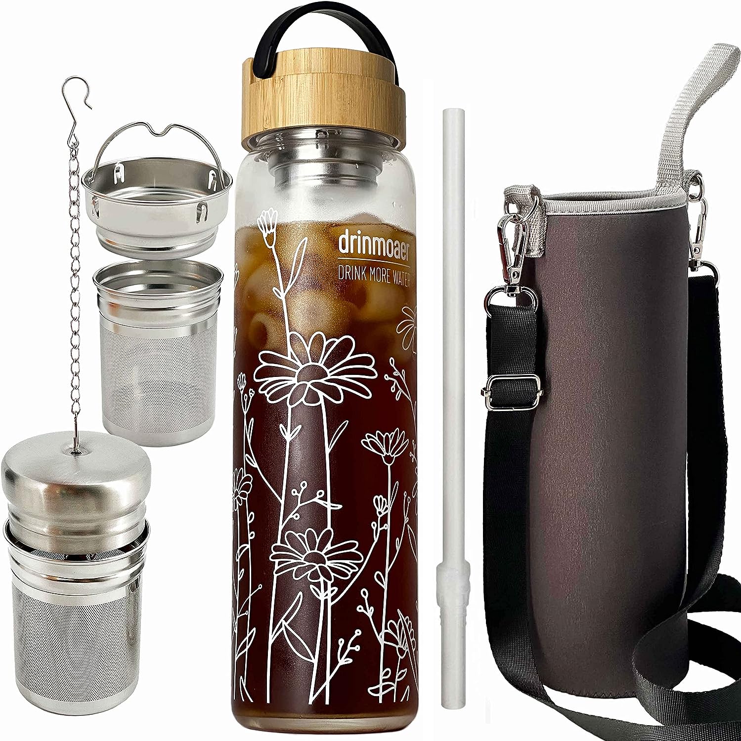 drinmoaer 1 Liter Trinkflasche Glas mit Bambus Deckel und Hülle für losen Tee, Teeflasche mit Sieb to go, Glass Water Bottle 1l (Blume)