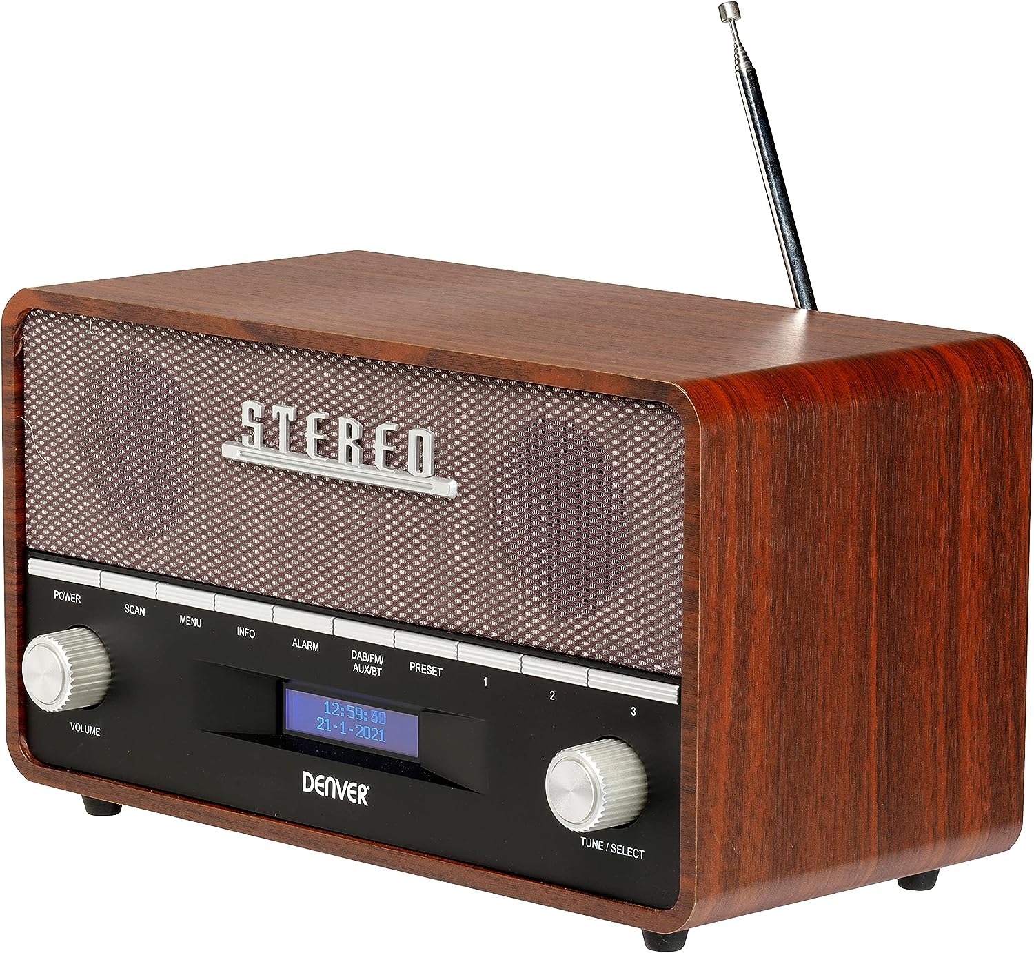 Denver DAB Radio DAB36, Radio mit Bluetooth, Retro Radio aus Holz, FM Radio, DAB, DAB+, AUX, Batterien oder Netzstrom, Braun